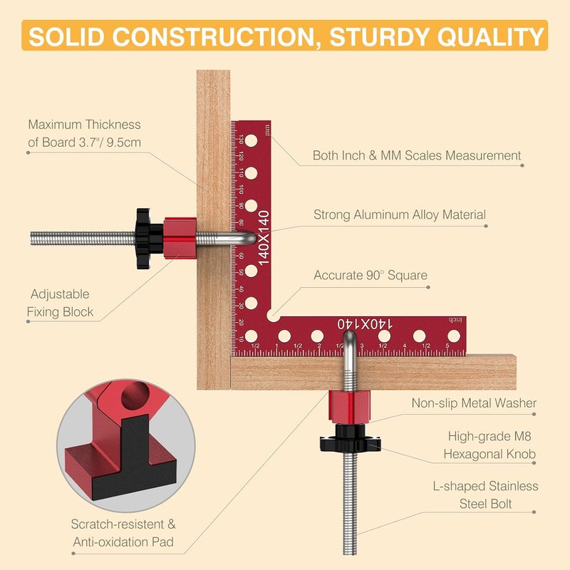 Housolution Corner Clamp for Woodworking, Extended Clamping Range 5.5" x 5.5"(14 x 14cm) Aluminum Alloy 90 Degree Clamp Right Angle Clamps, Wood Clamps for Picture Frame Box Cabinets Drawers (4pack) - Image 4